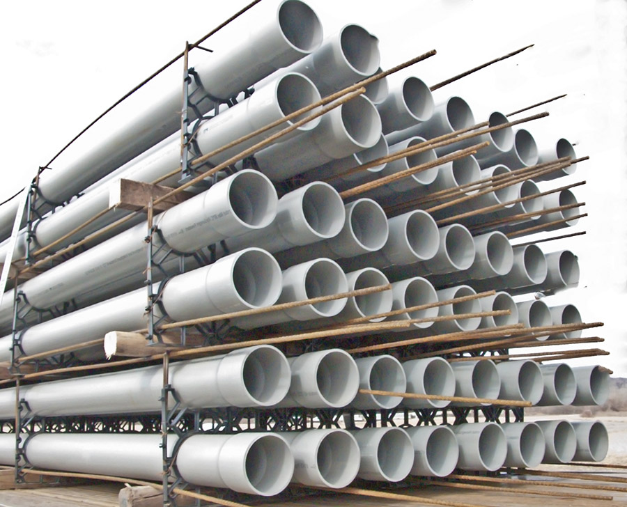 An array of pipes and rebar form a duct bank cage at Dimension Fabricators.